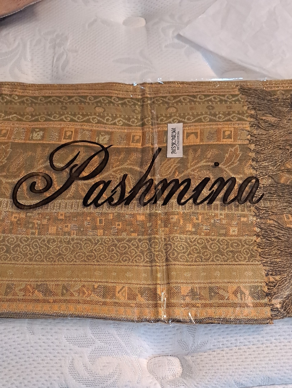 pashmina Gold and Brown Woven Paisley Jacquard Shawl